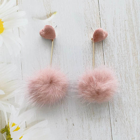 Pink Heart & Furball Earrings (Long)