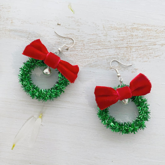 Christmas Tree Earrings with Bell & Red Velvet Bowknot