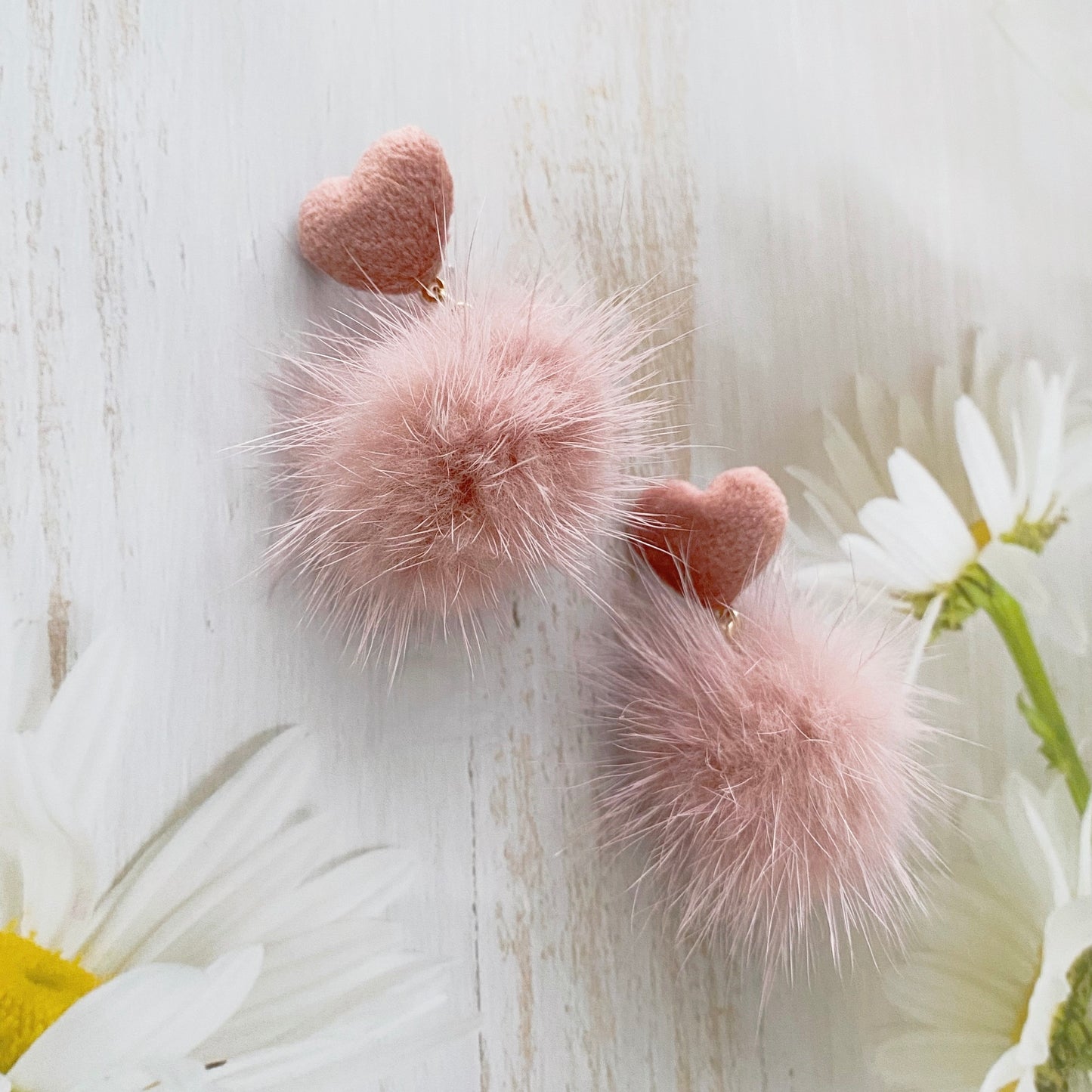 Pink Heart & Furball Earrings (Short)