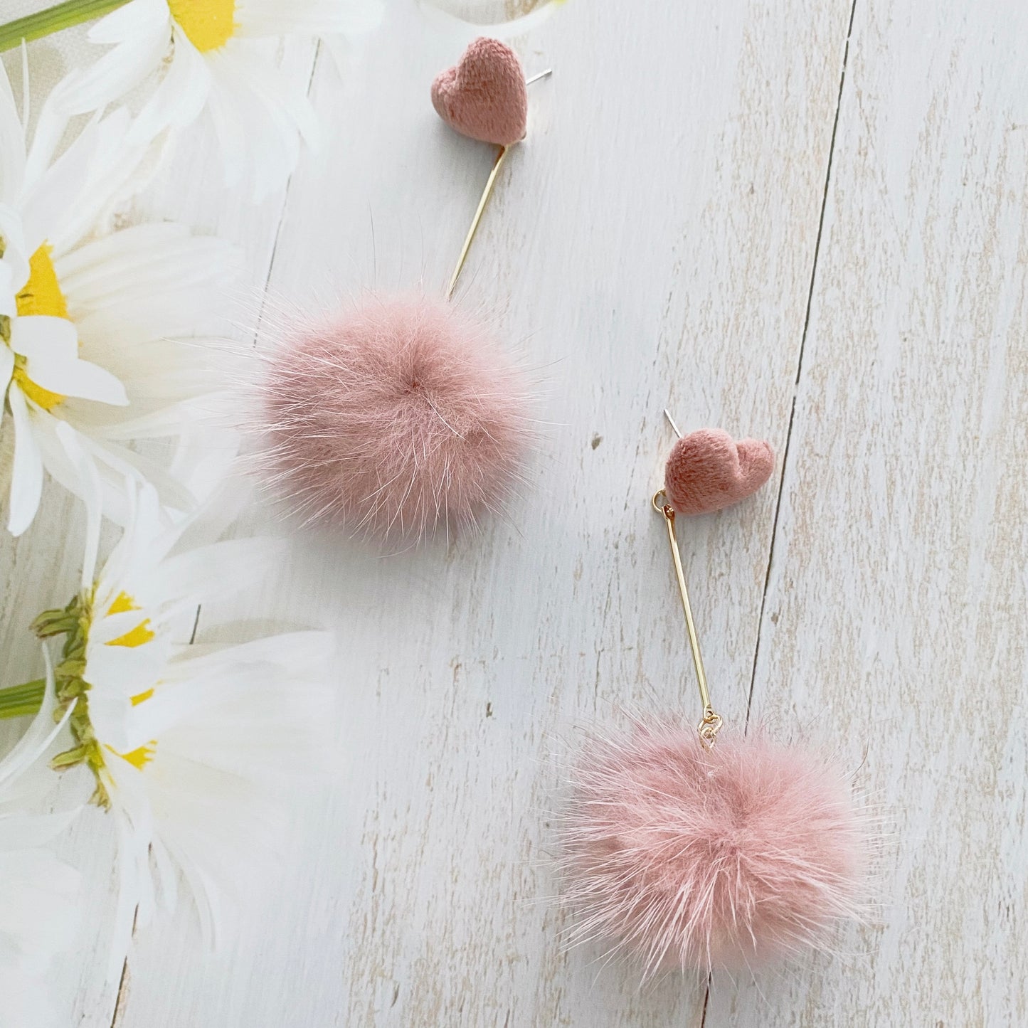 Pink Heart & Furball Earrings (Long)