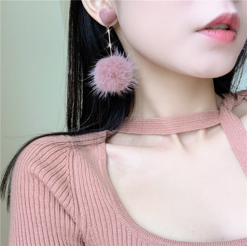 Pink Heart & Furball Earrings (Long)