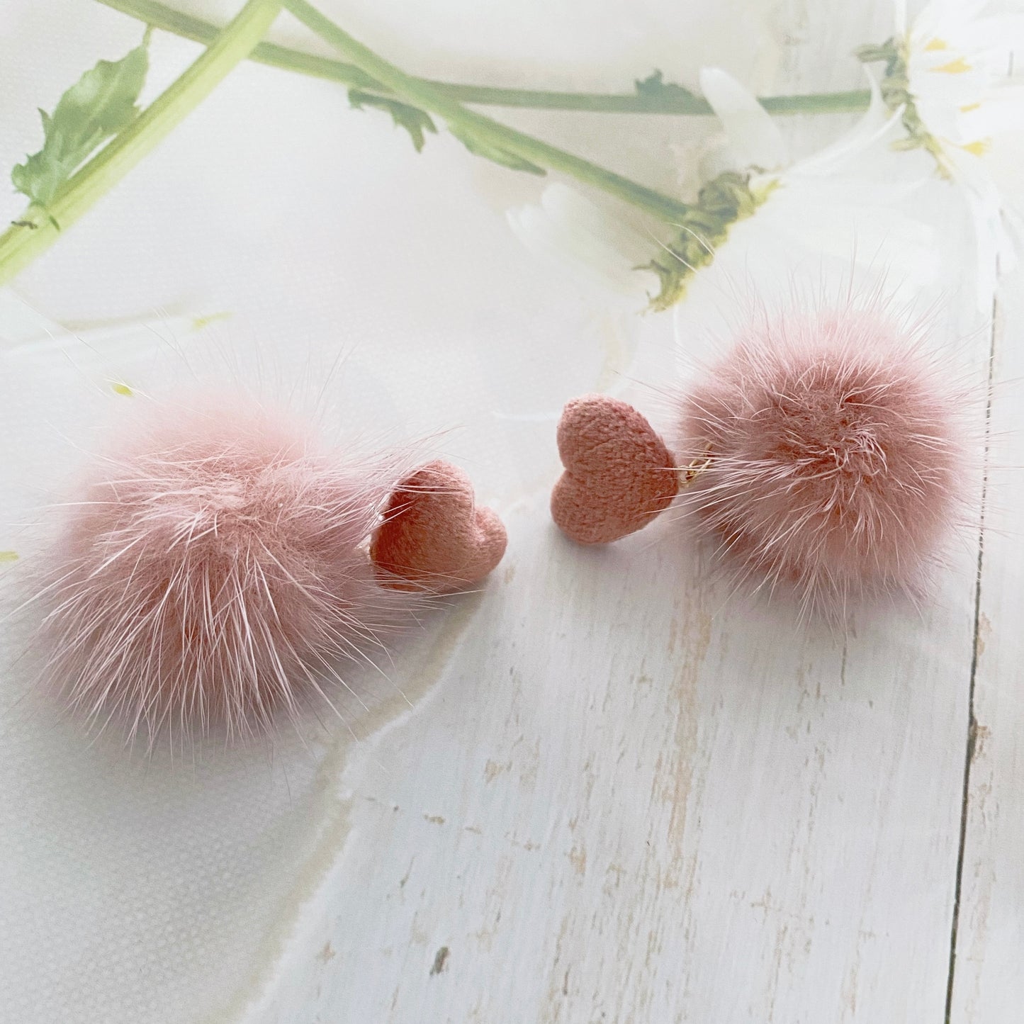 Pink Heart & Furball Earrings (Short)