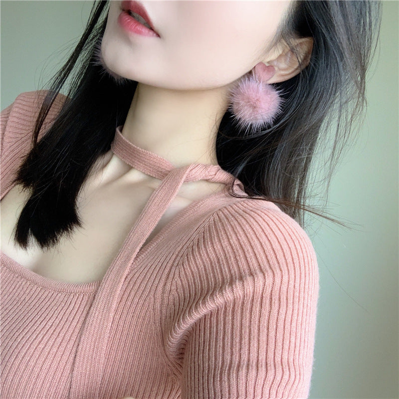 Pink Heart & Furball Earrings (Short)